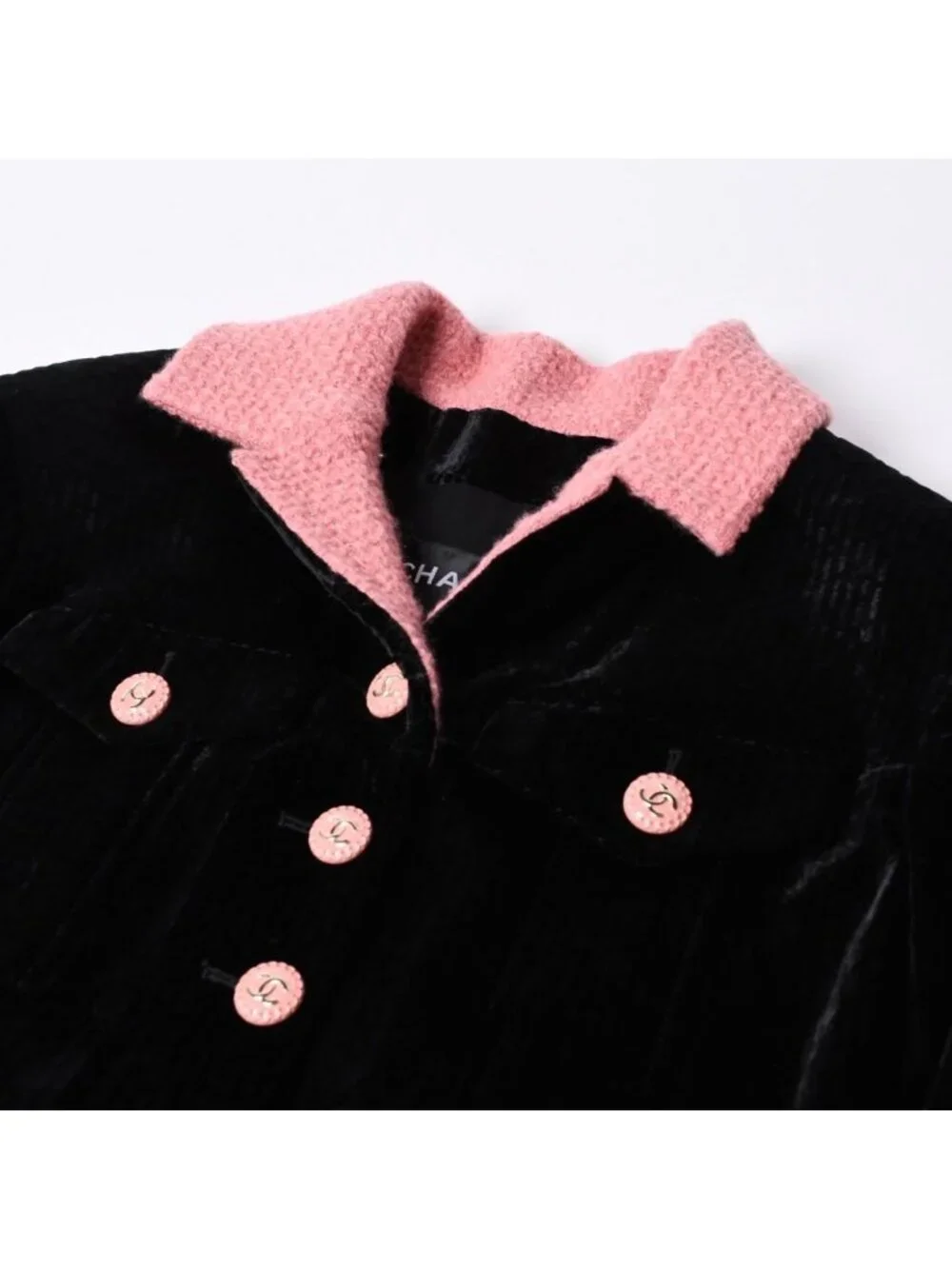 Chanel Long Coat CC Logo Corduroy Tweed Black Pink 36